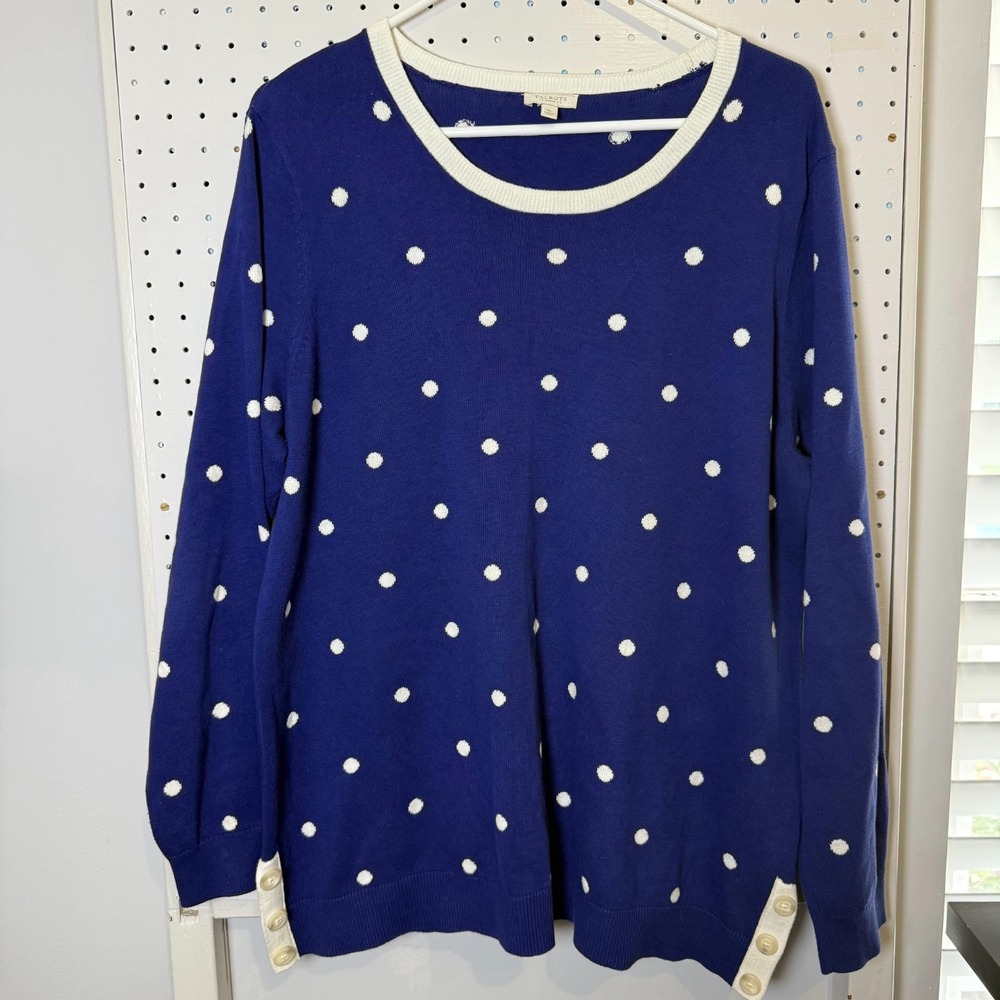 Talbots Sweater Women's 1X Blue White Polka Dots Buttons Long Sleeve Casual